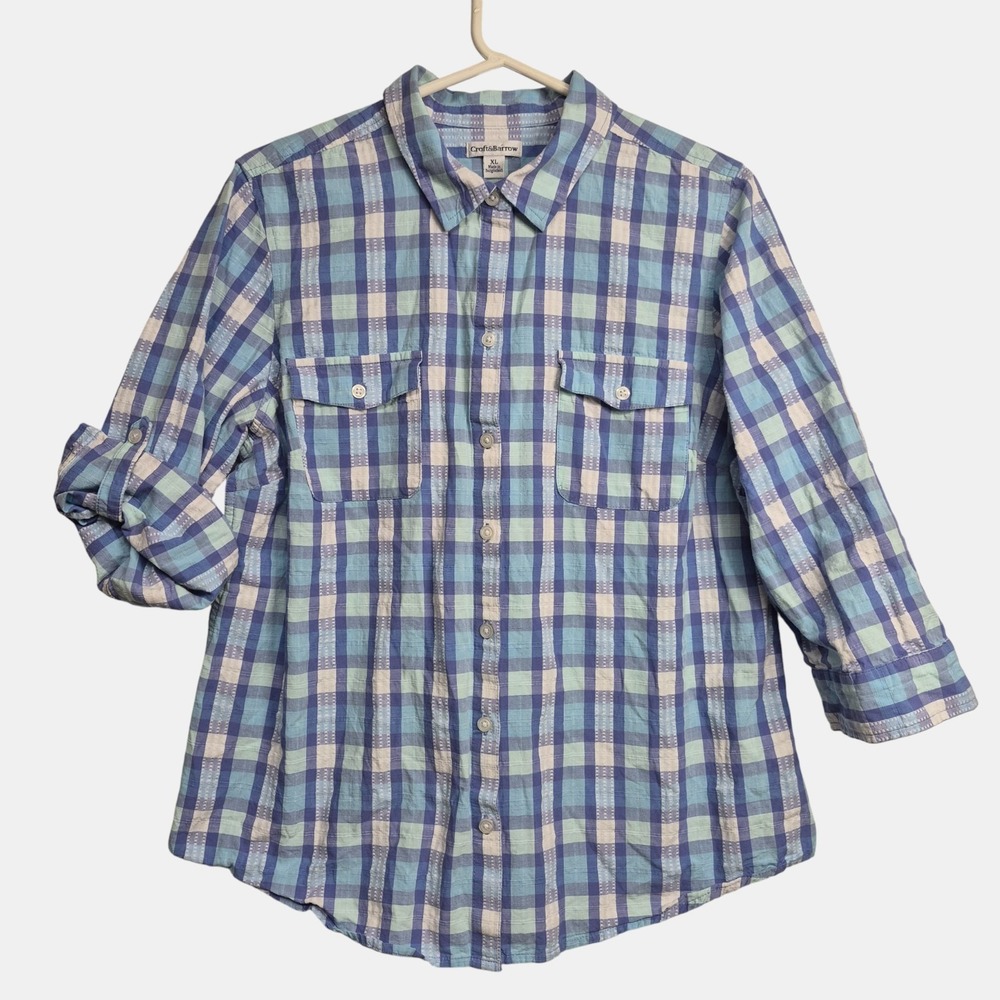 Croft & Barrow Womens XL Shirt Button Up Roll Tab Sleeves 100% Cotton Blue White